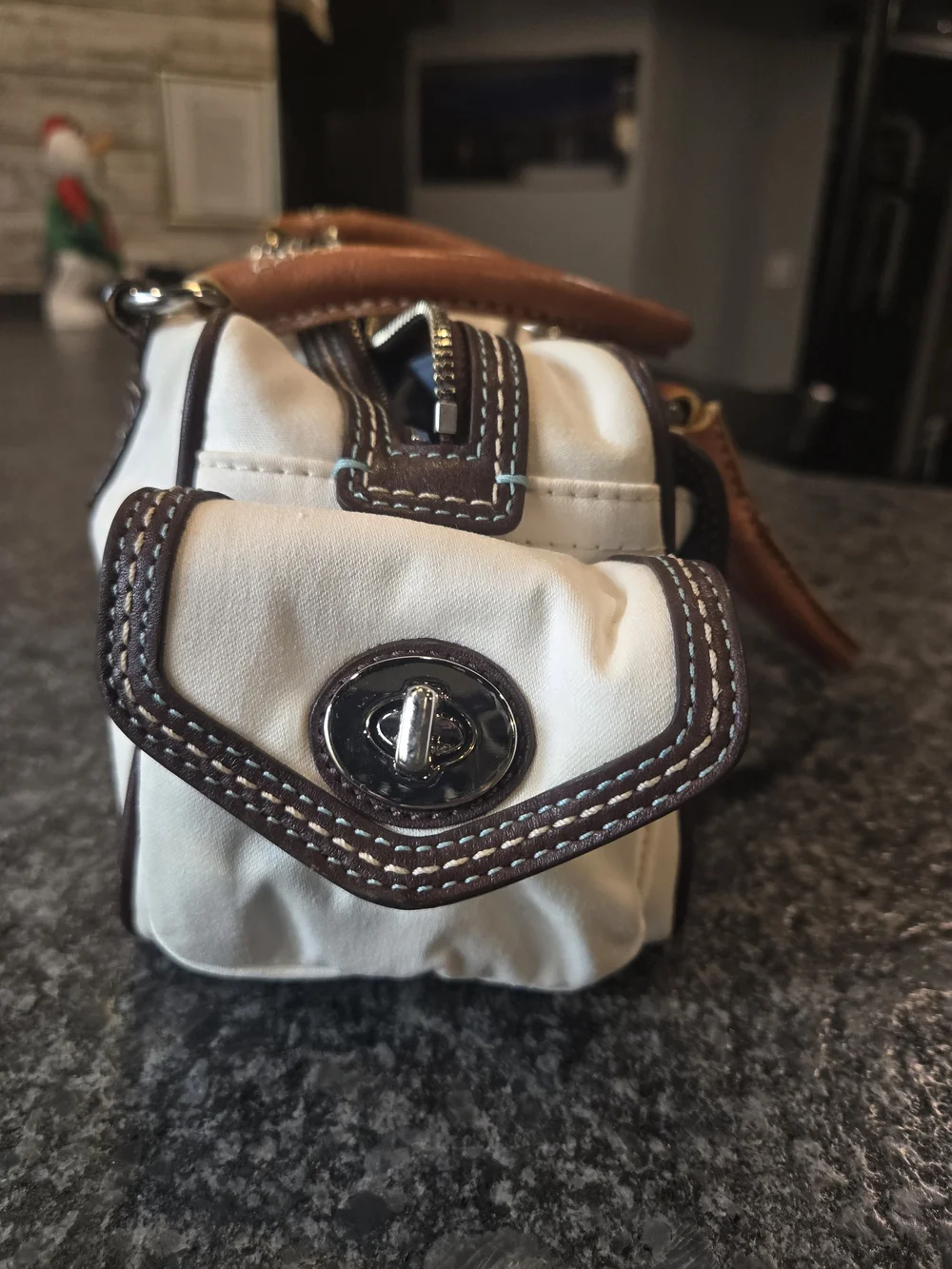 Coach Cream Satchel with Brown Trim and Flower Charm Accent